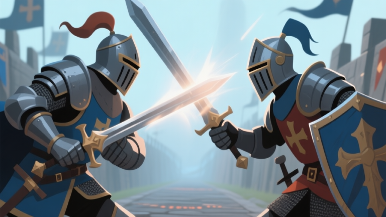 自动生成图片: A tense, close-up view of two stylized medieval knights in a duel stance within a Knight Brawl lane, soft glow effects on their weapons, muted color palette focusing on blues and greys, dynamic camera angle high quality illustration, detailed, 16:9