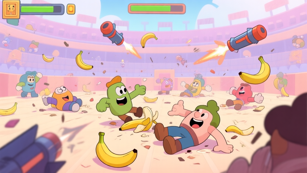 A playful, chaotic scene in a cartoon video game arena. Characters are slipping on bananas, bumping into each other, and projectiles fly in all directions, all rendered in a soft, pastel color palette with a sense of joyful mess. high quality illustration, detailed, 16:9