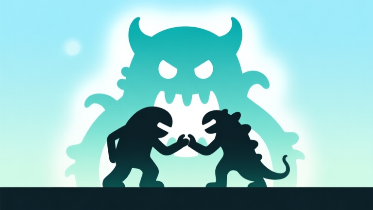 自动生成图片: A minimalist, flat-design illustration showing two stylized monster silhouettes merging into a larger, more complex one, with soft glow effects and a light blue/green color palette high quality illustration, detailed, 16:9