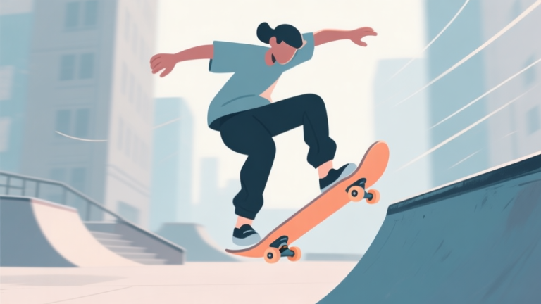 自动生成图片: A dynamic yet clean illustration of a stylized skateboarder mid-trick in an urban environment, with subtle motion lines and a focus on the board's angle. Soft color palette of muted blues, grays, and a pop of pastel orange. high quality illustration, detailed, 16:9