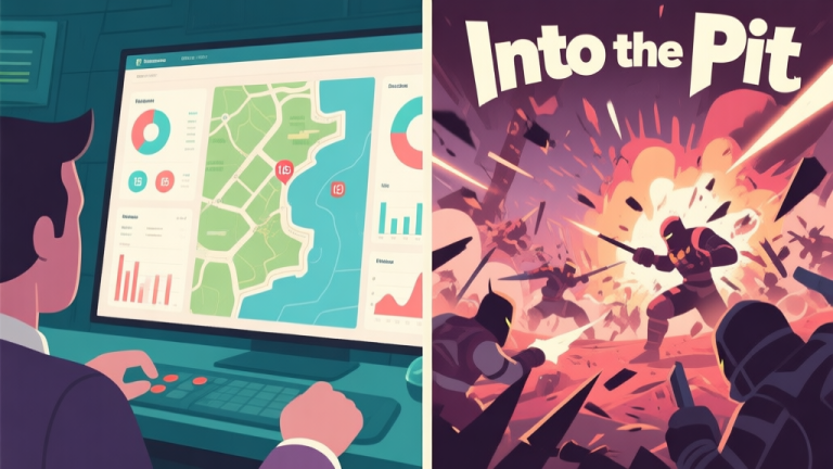 自动生成图片: A split-screen illustration showing a calm, strategic player view on one side (with maps and data) and a chaotic, intense in-game battle scene on the other, representing the duality of 'Into The Pit', soft color palette high quality illustration, detailed, 16:9