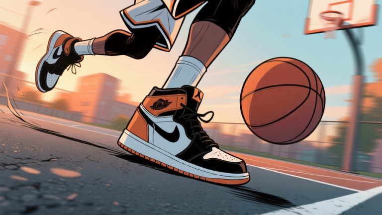 自动生成图片: A dynamic, low-angle view of a stylized basketball player's sneakers and ball in motion on an urban asphalt court, motion blur effect, soft sunset color palette with muted oranges and blues, comic book style ink lines high quality illustration, detailed, 16:9