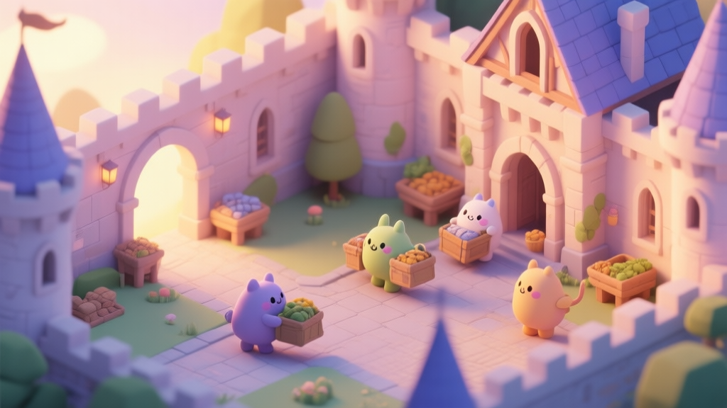A cozy, isometric view of a fantasy castle courtyard at dawn, with cute creature "Pals" carrying resources and interacting with buildings, soft pastel color palette, warm lighting high quality illustration, detailed, 16:9