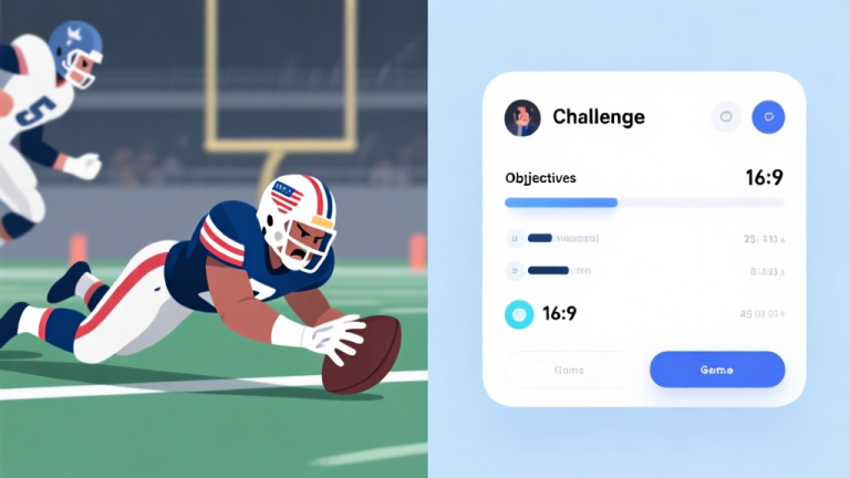 自动生成图片: Split-screen illustration showing a tense American football game moment on one side (player diving for a touchdown) and a clean, minimalist game interface with challenge objectives and stats on the other, using a soft color palette of blues and greys high quality illustration, detailed, 16:9