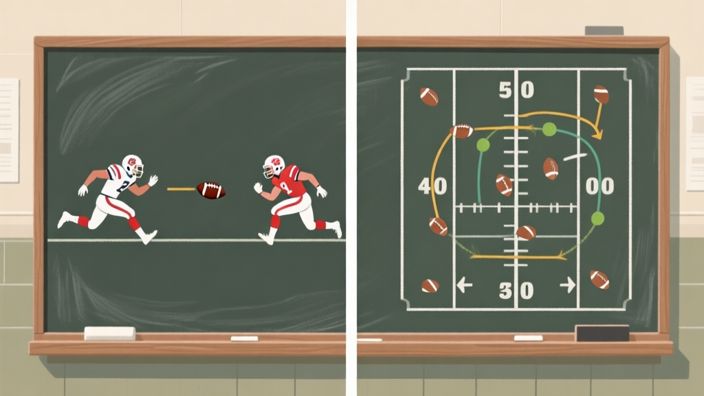 Split-screen comparison of two American football play diagrams on a chalkboard, left side showing a simple running play being stopped, right side showing a complex passing route with multiple options, in a muted sports-themed color palette high quality illustration, detailed, 16:9