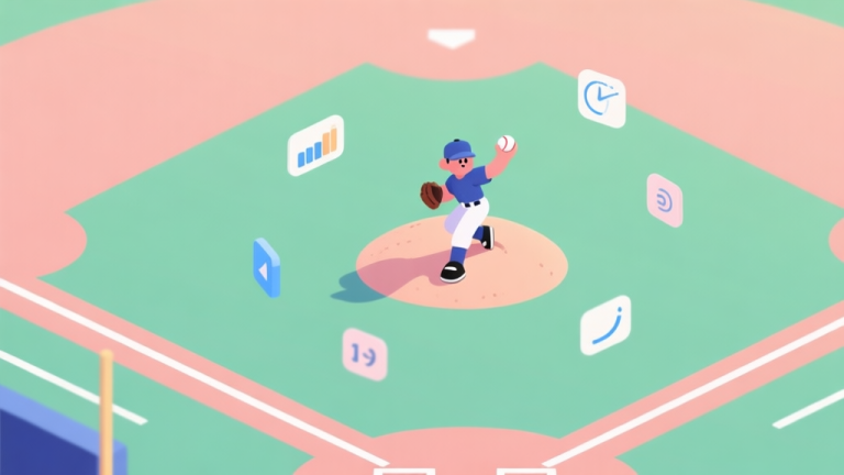 自动生成图片: A stylized, top-down view of a baseball diamond in soft pastel colors, with a small but determined pitcher character on the mound winding up for a throw, data icons like speed and curve floating around the scene high quality illustration, detailed, 16:9