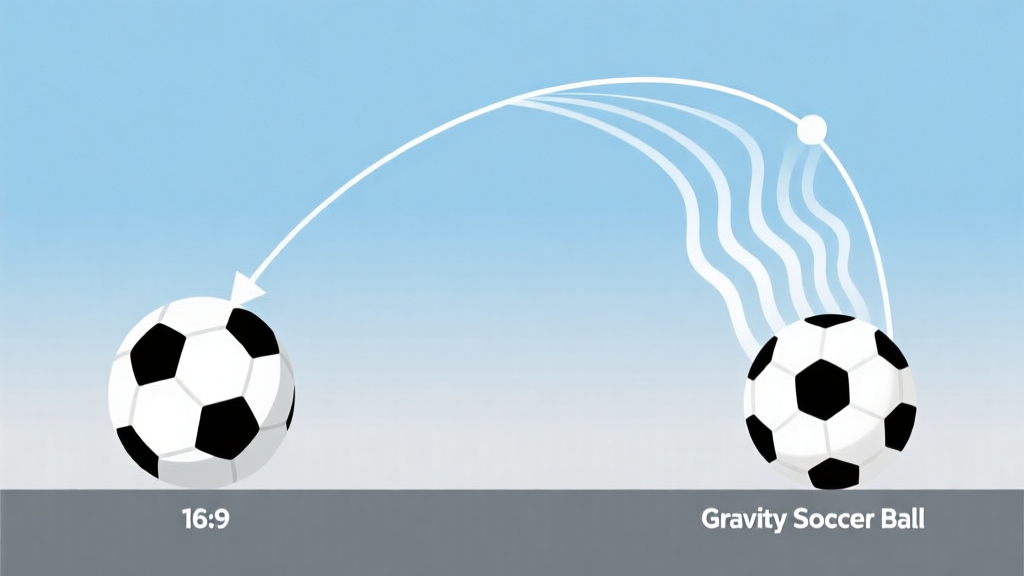 A stylized, minimalist side-by-side comparison of a real soccer ball trajectory (parabolic curve) and a Gravity Soccer ball trajectory (exaggerated, steeper curve with visual gravity waves), on a soft blue and grey background, flat design high quality illustration, detailed, 16:9