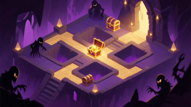 自动生成图片: Isometric view of a mysterious game level with hidden paths, glowing treasure chests, and shadowy enemies, in a dark fantasy style with soft purple and gold lighting high quality illustration, detailed, 16:9
