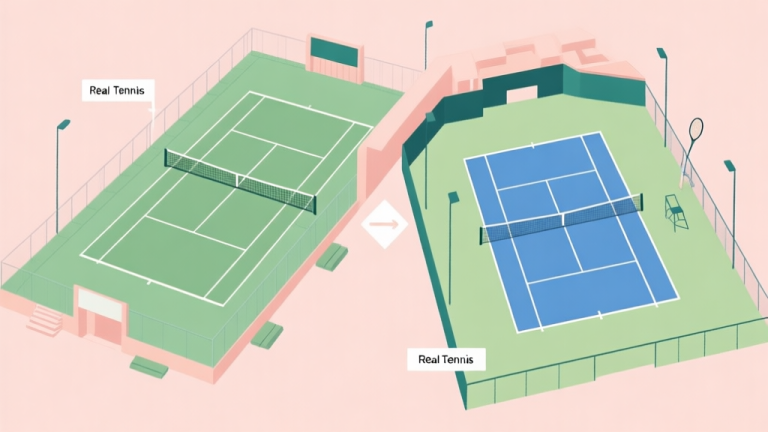 自动生成图片: Side-by-side comparison illustration of a Real Tennis court and a modern tennis court, top-down view, with simple labels highlighting key architectural differences, soft pastel color palette high quality illustration, detailed, 16:9
