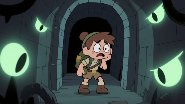 自动生成图片: A rookie adventurer looking overwhelmed in a dimly lit dungeon corridor, surrounded by faint glowing Yokai eyes, cartoon style with a muted color palette high quality illustration, detailed, 16:9