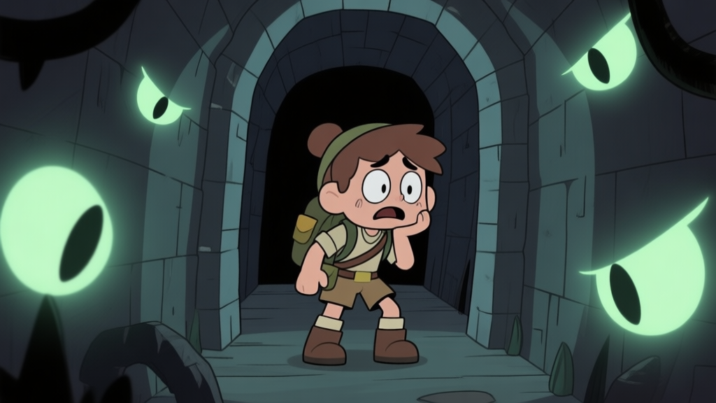 A rookie adventurer looking overwhelmed in a dimly lit dungeon corridor, surrounded by faint glowing Yokai eyes, cartoon style with a muted color palette high quality illustration, detailed, 16:9