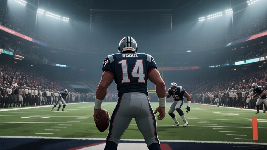 Dramatic video game screenshot of a 4th and goal moment, viewed from behind the quarterback, showing a crowded end zone, soft stadium lighting, tension in the character postures, digital art style high quality illustration, detailed, 16:9