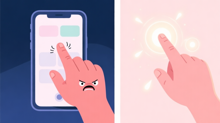自动生成图片: A split-screen illustration showing a frustrated hand tapping randomly on a mobile screen on one side, and a calm, strategic hand performing precise taps with glowing effects on the other side, soft pastel color scheme high quality illustration, detailed, 16:9