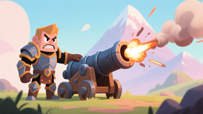 自动生成图片: A frustrated game character in stylized armor standing next to a massive, smoking cannon that has just fired a shot wildly off-target into a distant mountain, cartoonish style with soft pastel colors high quality illustration, detailed, 16:9