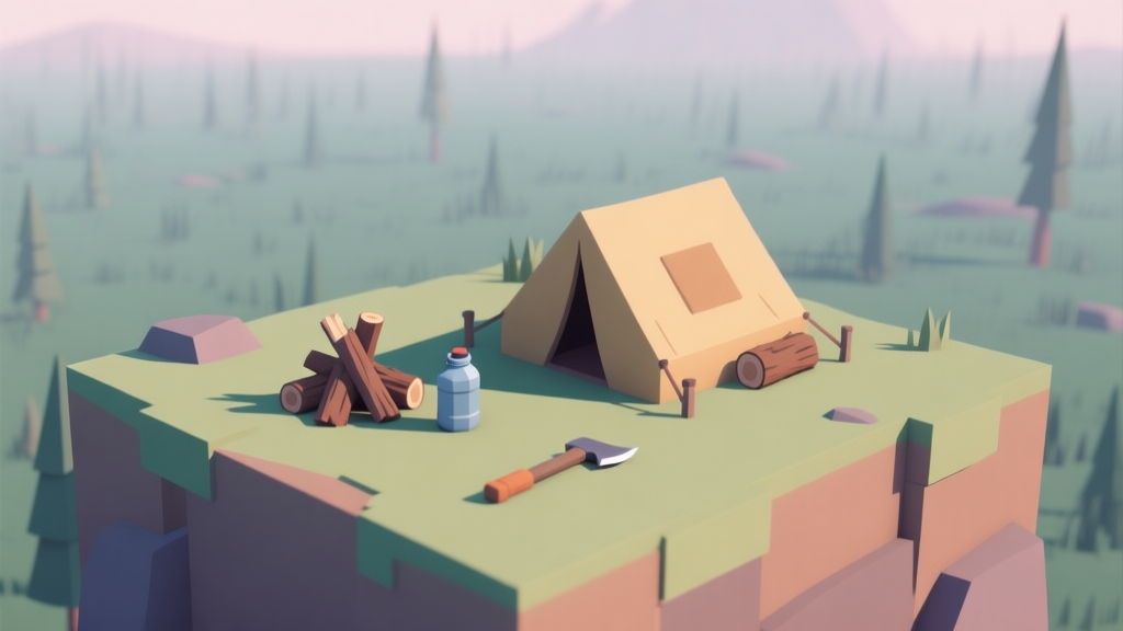A minimalist isometric view of a survival game scene showing a small camp with limited resources (a tiny pile of wood, a water canteen, a single tool) against a vast, unknown wilderness, soft pastel colors, muted tones, conveying scarcity and strategy high quality illustration, detailed, 16:9