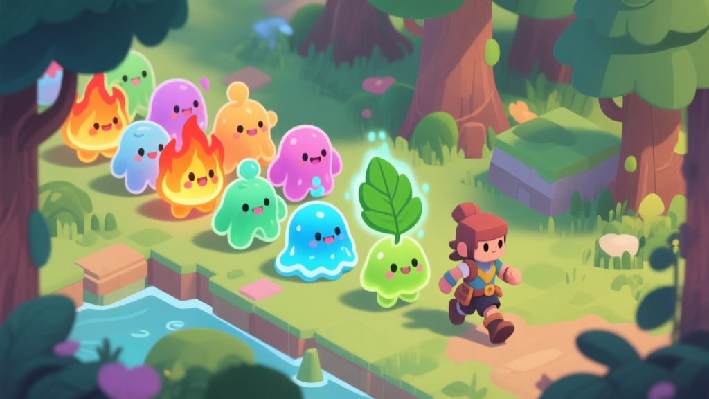 A vibrant game scene showing a diverse group of cute slime companions with different elemental effects (fire, water, leaf) following a player character through a lush forest, isometric view, soft colors, video game art style high quality illustration, detailed, 16:9