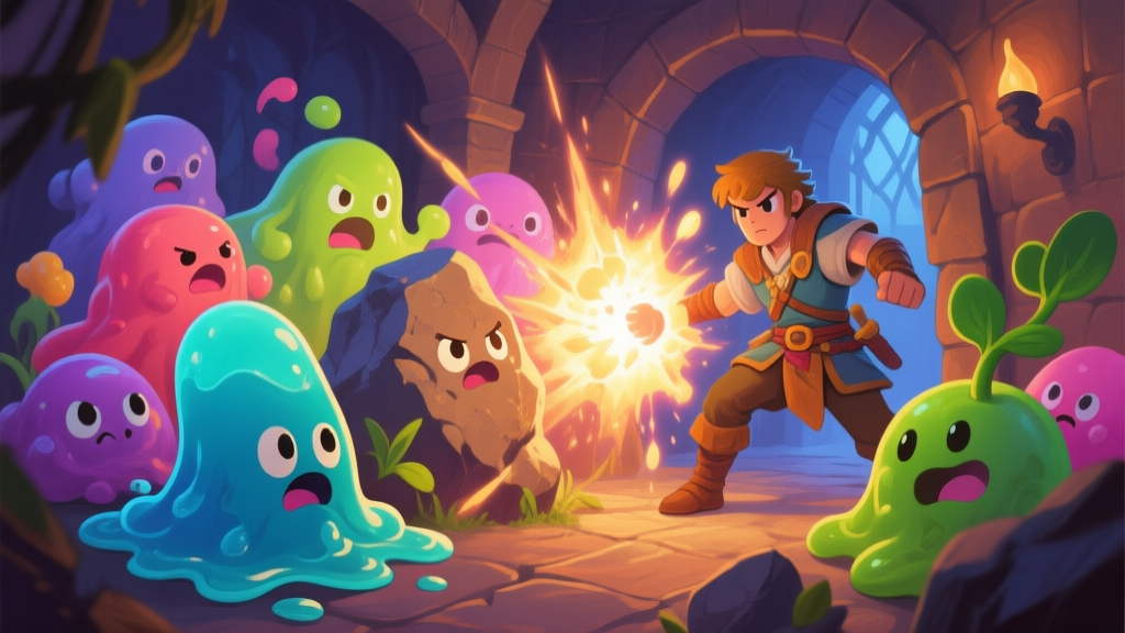 A dynamic game scene showing a diverse group of cute but determined slimes (water, rock, plant) in a fantasy dungeon, protecting a humanoid adventurer from a magical blast, soft lighting, vibrant but not overly saturated colors, painterly style high quality illustration, detailed, 16:9