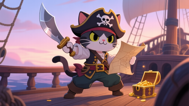 自动生成图片: A stylized, cute but fierce cat pirate character in a dynamic pose, holding a cutlass and a treasure map, standing on a ship's deck at dusk, soft pastel colors, anime-inspired game art style high quality illustration, detailed, 16:9