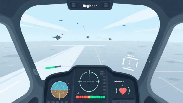自动生成图片: A simple, clean illustration of a beginner pilot's cockpit view in a plane wars game, showing a basic HUD with radar, health bar, and targeting reticule. The view is slightly chaotic with a few enemy blips in the distance, soft color palette of blues and greys high quality illustration, detailed, 16:9
