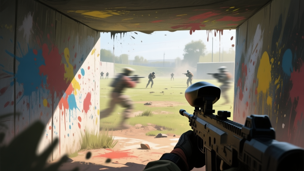 A first-person perspective from behind a paintball bunker, looking out onto a chaotic but strategic field, with paint splatters on the bunker and blurred motion of players in the distance, soft natural lighting high quality illustration, detailed, 16:9