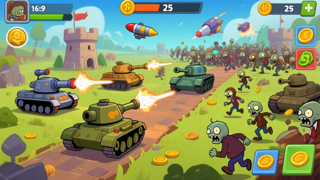 A vibrant game screenshot style image showing a chaotic but organized battlefield in a tower defense game. Cartoonish tanks of different types (cannon, missile, laser) are positioned along a path, firing at a diverse horde of zombies (fast runners, bulky tanks, flying units). Coins and resource icons are visible on the screen, with a clear user interface showing wave number 25. high quality illustration, detailed, 16:9
