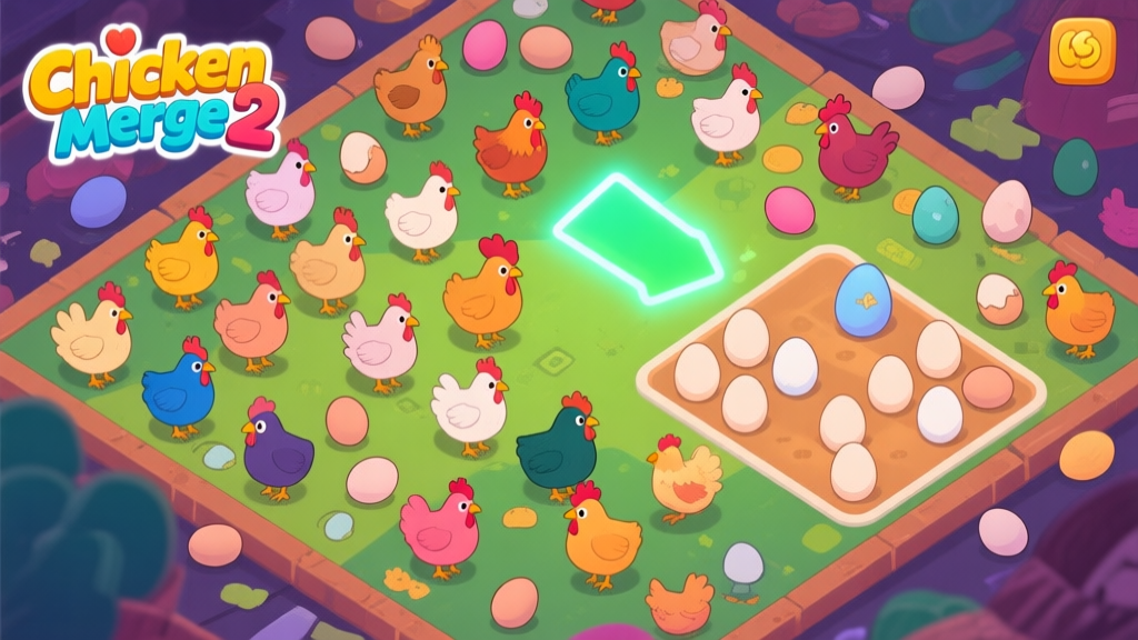 A top-down view of a chaotic but colorful Chicken Merge 2 game board, filled with various low-level chickens and eggs, with a glowing arrow and a tidy section suggesting organization, in a flat cartoon game style high quality illustration, detailed, 16:9