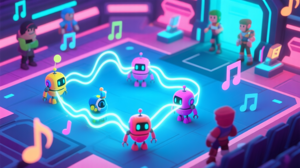 A vibrant, isometric view of a sci-fi game arena, with small, colorful robotic droids emitting pulsing light waves and music notes, while player characters in the background take strategic positions, soft neon glow, digital art style high quality illustration, detailed, 16:9