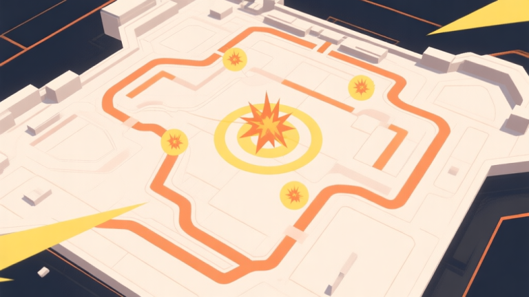 自动生成图片: A stylized, dynamic top-down view of a Valorant map (like Ascent) with strategic paths and explosive radius indicators highlighted in soft orange and yellow, minimalist design with clean lines high quality illustration, detailed, 16:9