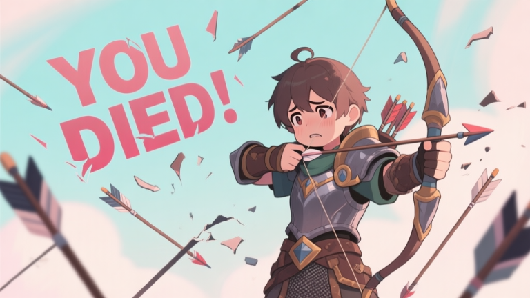 自动生成图片: A frustrated young archer character in fantasy armor, looking confused while surrounded by broken arrows and a large "YOU DIED" text floating nearby, soft pastel color palette, anime-inspired game art style high quality illustration, detailed, 16:9