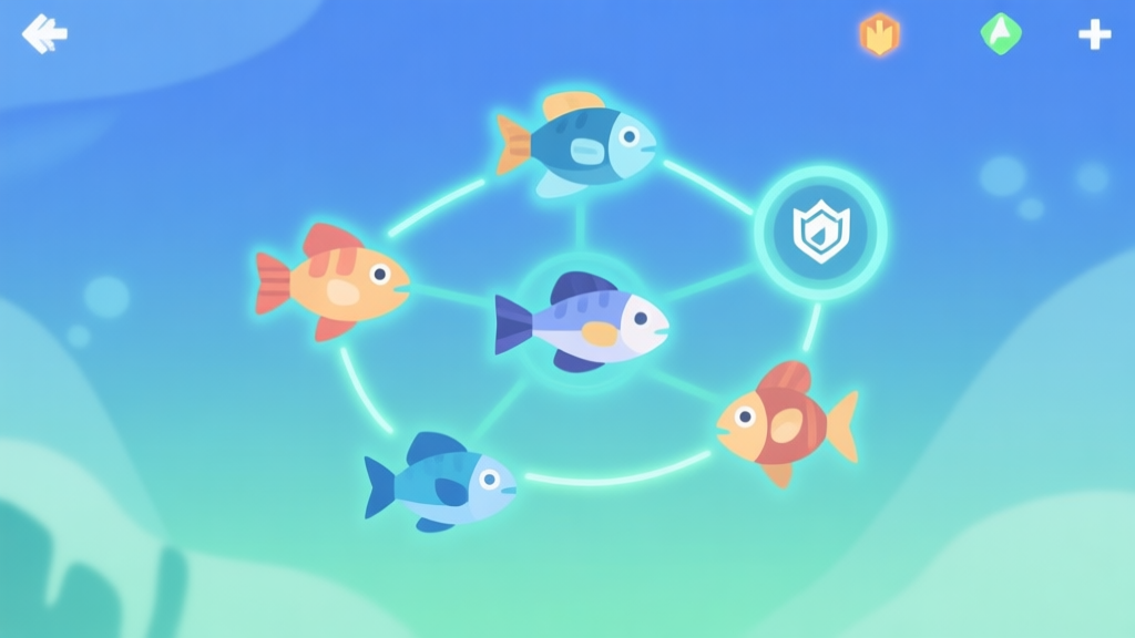 A minimalist game UI overlay showing five different stylized fish in a team formation, connected by glowing lines and icons representing buffs and debuffs, soft blue and green color palette high quality illustration, detailed, 16:9