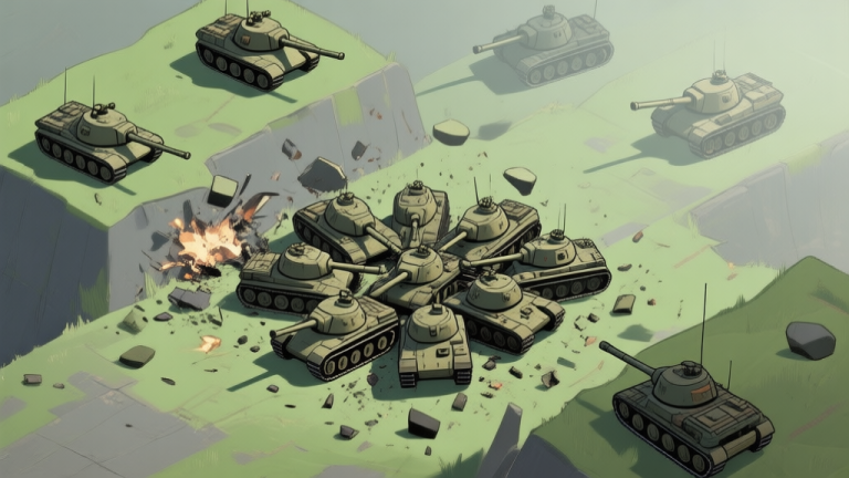 自动生成图片: A top-down view of a chaotic Just Tanks battle scene, with new player tanks clustered together in a tight formation being easily surrounded and destroyed by a few enemy tanks positioned on higher ground, muted green and grey color palette, soft lighting high quality illustration, detailed, 16:9