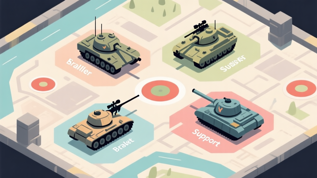 A dynamic, top-down view of a Just Tanks battlefield in a minimalist art style, showing distinct tank classes (brawler, sniper, support) positioning strategically around key map objectives, with soft color coding for each role high quality illustration, detailed, 16:9
