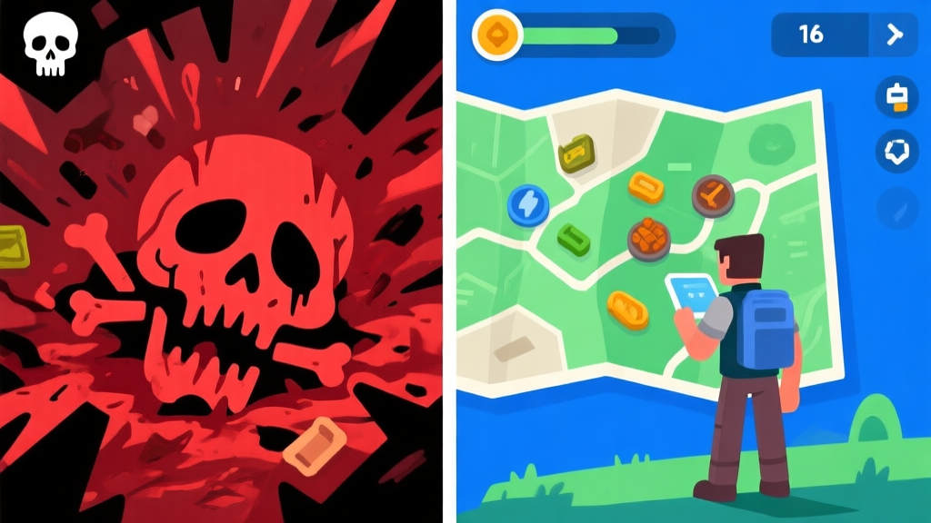 Split-screen illustration showing a chaotic game death scene on one side (red tones, skull icon) and a calm, prepared player character surveying a map with resources on the other (blue/green tones, minimalist UI) high quality illustration, detailed, 16:9