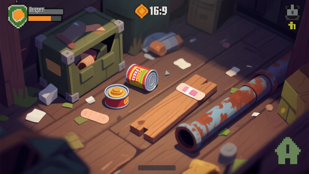 A top-down view of a beginner's messy inventory in a survival game, with scattered low-tier items like a can of food, a bandage, a wooden plank, and a rusty pipe, on a dimly lit wooden floor, soft muted colors, isometric game art style high quality illustration, detailed, 16:9