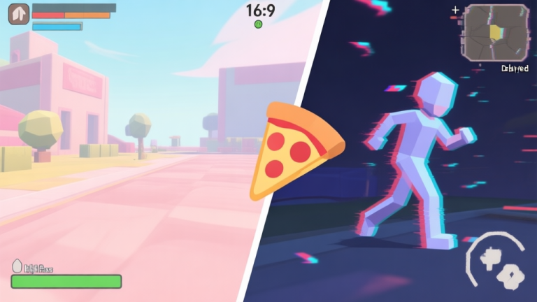 自动生成图片: A split-screen illustration showing a smooth, high-fps game scene on one side and a glitchy, delayed, low-polygon character movement on the other, with a pizza slice icon causing the disruption, soft pastel color palette high quality illustration, detailed, 16:9