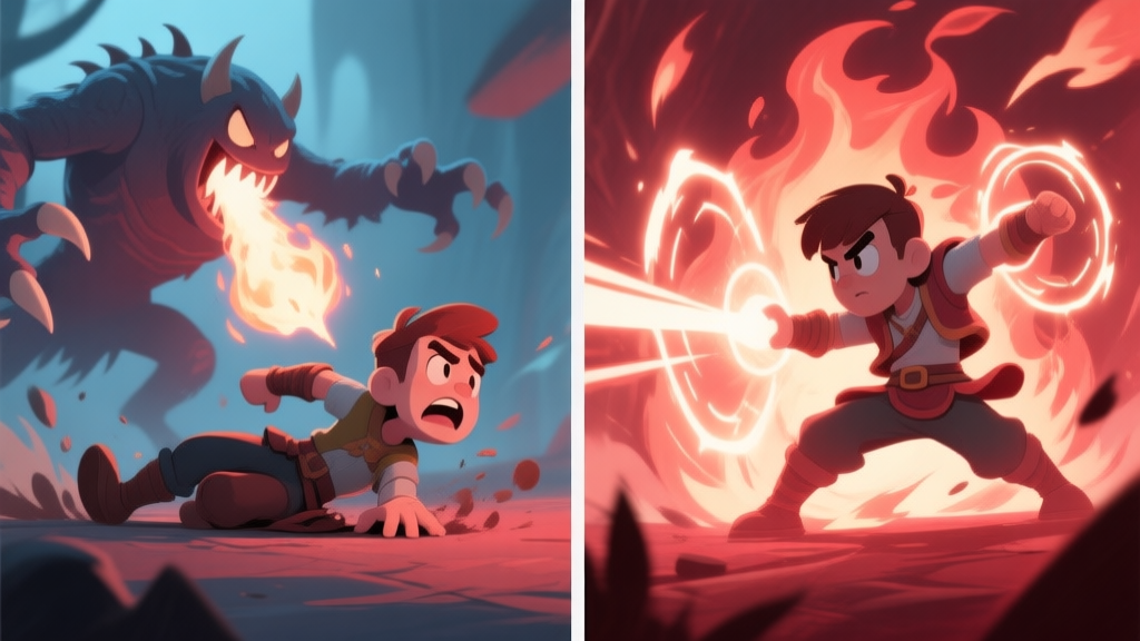 Split-screen game action illustration. Left side: a character awkwardly rolling away from a monster's fire breath, looking defensive. Right side: the same character perfectly dodging through the fire, glowing with invincibility frames, and immediately lunging forward with a counter-strike. Dynamic action style, soft lighting, muted red and blue color contrast. high quality illustration, detailed, 16:9