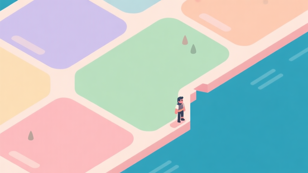 A minimalist game map split into distinct zones with different soft color overlays, showing a character at the border of one zone, flat design style, pastel color palette high quality illustration, detailed, 16:9