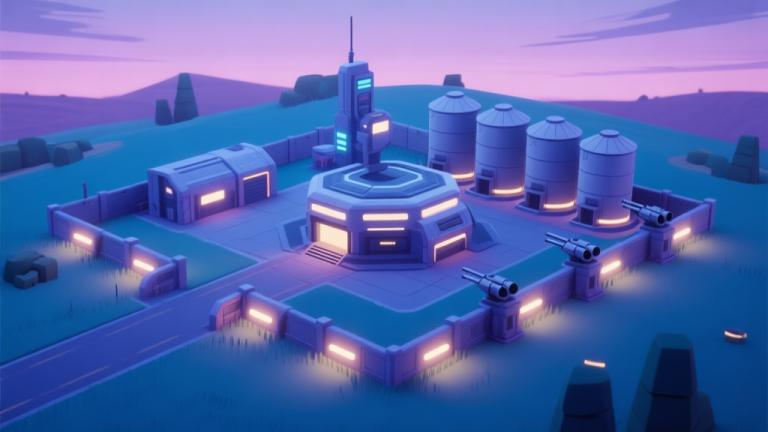 自动生成图片: Isometric view of a sci-fi ranch base at dusk, showing a central command pod, resource silos, and perimeter defense turrets, with a soft glow from lights, in a calm color palette of blues and purples high quality illustration, detailed, 16:9