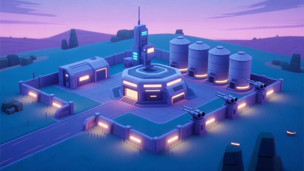Isometric view of a sci-fi ranch base at dusk, showing a central command pod, resource silos, and perimeter defense turrets, with a soft glow from lights, in a calm color palette of blues and purples high quality illustration, detailed, 16:9