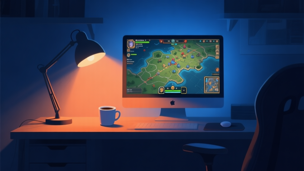 A serene, dimly lit gaming setup at night, with a warm desk lamp, a monitor displaying a strategic game map, and a cup of coffee. Cool blue and warm orange color scheme, soft shadows, minimalist style high quality illustration, detailed, 16:9