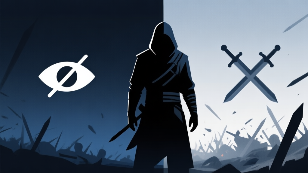 A silhouette of a hooded assassin figure standing between two contrasting environments: one side is dark with shadows and stealth icons (eye with a slash), the other side is a chaotic battlefield with crossed swords, minimalist style, soft gradient background in dark blue and grey high quality illustration, detailed, 16:9