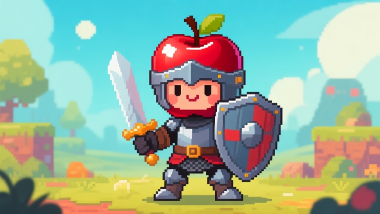 自动生成图片: A stylized, friendly knight character with a shiny red apple for a helmet, standing confidently in a vibrant pixel-art game landscape, holding a sword and shield, soft lighting high quality illustration, detailed, 16:9