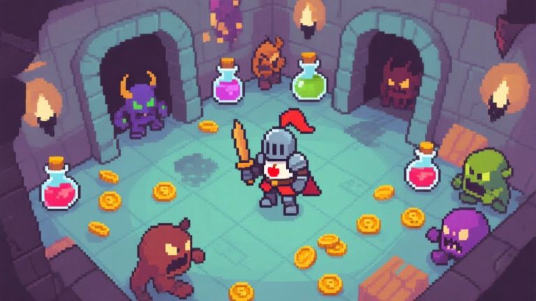 自动生成图片: A top-down view of a pixel art dungeon room in Apple Knight, showing a knight character surrounded by multiple enemy types, with health potions and coins scattered on the floor, soft color palette high quality illustration, detailed, 16:9