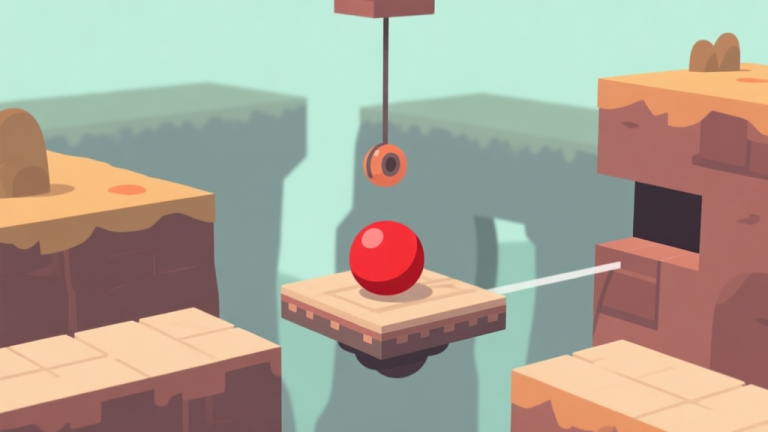 自动生成图片: Side-view gameplay screenshot of Red Ball 4 showing a red ball on a moving platform, a pendulum obstacle swinging above, and gaps in the terrain, in a flat 2D vector art style with muted colors high quality illustration, detailed, 16:9