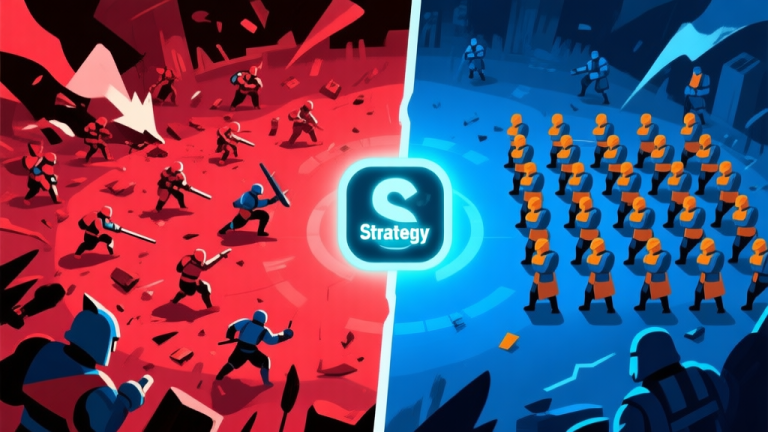 自动生成图片: A split-screen game illustration showing a chaotic, losing defense on one side (red tones, units scattered) and an organized, winning defense on the other (blue tones, units in formation), with a central glowing "Strategy" icon high quality illustration, detailed, 16:9