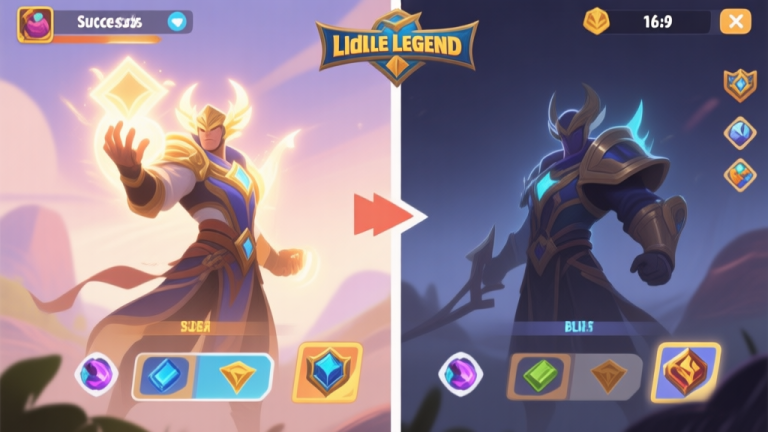 自动生成图片: Split-screen game illustration showing two contrasting Lidle Legend hero builds side by side, one glowing with success and the other dim, with subtle arrows and icons indicating item choices and their effects, soft color palette high quality illustration, detailed, 16:9
