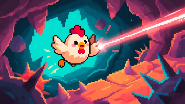 自动生成图片: A cute, pixel-art chicken character mid-flight in a chaotic cavern, dodging a laser beam and spikes, vibrant game scene, dynamic action, top-down perspective high quality illustration, detailed, 16:9