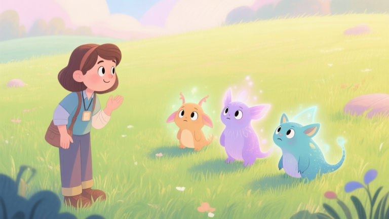 自动生成图片: A welcoming, cozy scene of a beginner trainer in a vibrant, grassy field looking at three distinct magical creatures with curiosity, soft pastel color palette, illustrated storybook style high quality illustration, detailed, 16:9