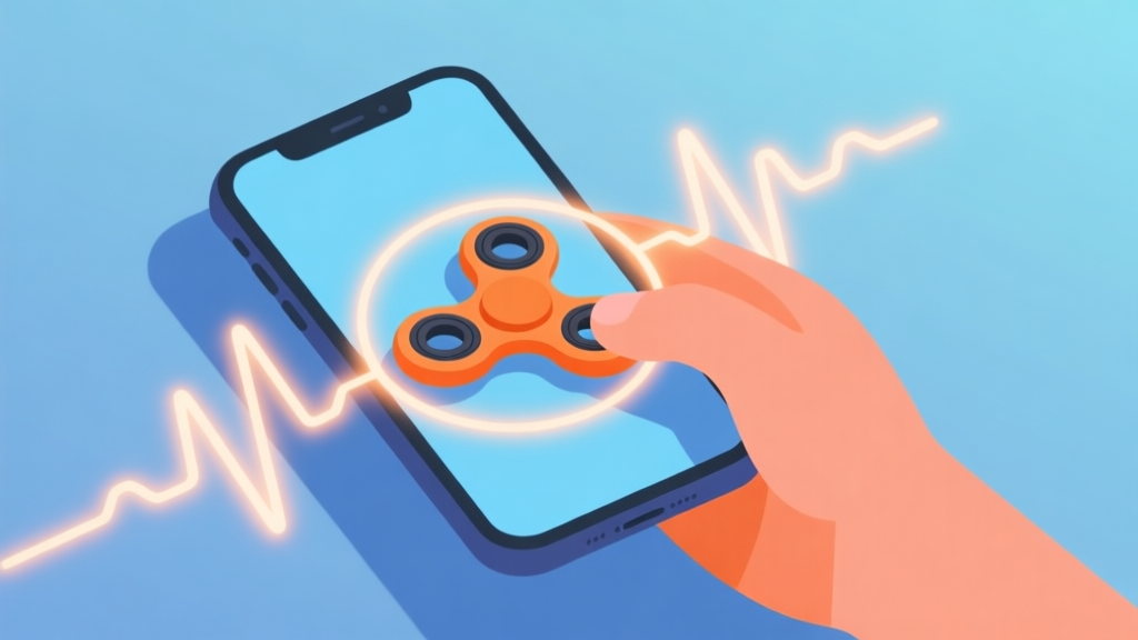 A minimalist, top-down view of a hand holding a fidget spinner on a smartphone screen, with glowing rhythmic pulse lines emanating from the spinner, soft blue and orange color scheme, flat design style high quality illustration, detailed, 16:9