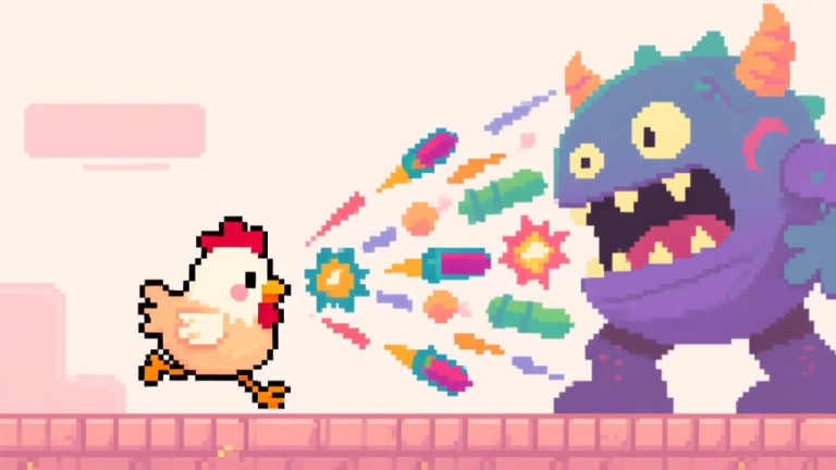 自动生成图片: A cute, pixel-art style chicken character dodging a complex pattern of colorful projectiles from a large, silly-looking boss monster in a minimalist game environment, soft pastel colors high quality illustration, detailed, 16:9